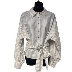 CAbi Tied-Up Tan and White Batwing Sleeve Blouse Style 4155